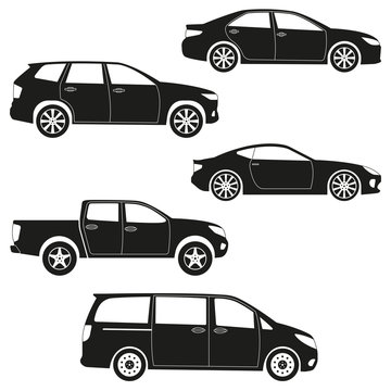 Cars icon set: sedan, suv, van, pickup, coupe, sport car. Side view. Vehicle silhouettes. Vector illustration.
