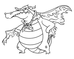 Super Villain Aligator stands up and poses with tattered wings and mask Coloring Book Cartoon Vector