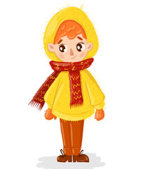 A little stand-up boy with red hair in a yellow jacket, a red scarf, and warm shoes on white.