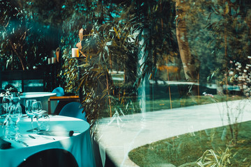 Tropical style restaurant. Abstract jungle background 