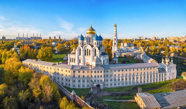 Aerial view of Nikolo-Ugreshskiy monastery in Dzerzhinsky, Moscow oblast, Russia