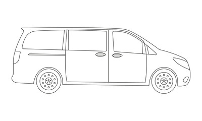Minivan car outline icon. Side view. Family minibus vehicle silhouette. Black van car. Vector illustration. © metelsky25