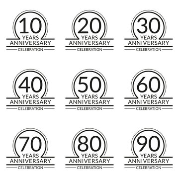 10,20,30,40,50,60,70,80,90 years Anniversary logo. Birthday celebration icon set. Party invitation, Jubilee celebrating emblem or banner. Vector illustration.