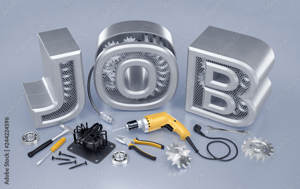 Fototapete repair technician job. set of locksmith's / mechanic's tools and machine parts on reflective backgro