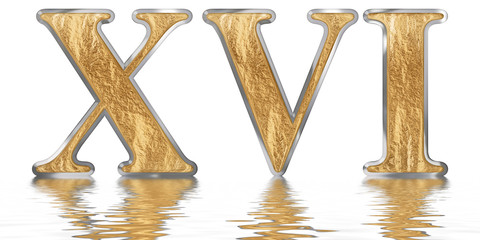 Numeral 16, sixteen, reflected on the water surface, isolated on  white, 3d render