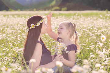 Obraz premium Mother with cute little child girl in the chamomile