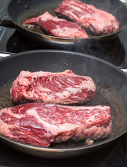 Raw steak on the pan