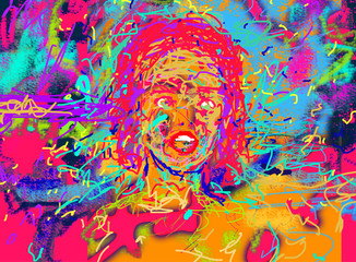 abstract colorful background. Digital Art Girl With Open Mouth. Picture For Your Interior.