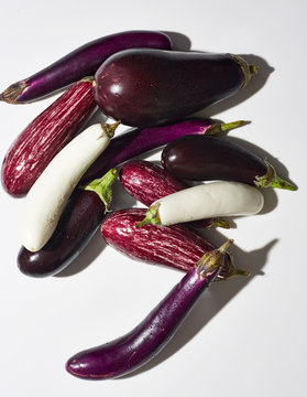 Overhead view of variety of raw eggplants