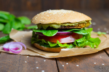 Vegan Burger, Burger with Chickpea Patty, Avocado Spread and Vegetables, Vegetarian Meal