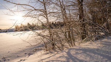 Fototapeta na wymiar Sunset over a field covered with snow. January 2019, Turku Finland.