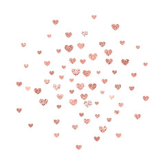 Vector background with rose gold foil confetti hearts isolated on white. Modern element for wedding, celebration, party, anniversary, birthday, Valentine's Day designs.
