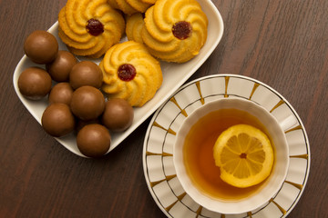 chocolate, jam, black tea with lemon