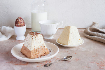 Easter background. Traditional Easter holiday table: cake, Easter and Easter eggs.