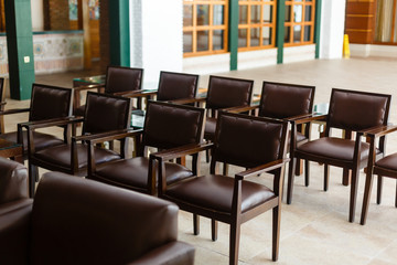 old vintage leather chair, Empty conference room before meeting