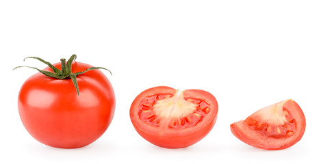 Set of ripe red tomato, half and piece on a white, isolated.