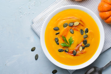 Pumpkin Soup with Pumpkin Seeds and Paprika, Delicious Vegan Meal, Vegetarian Food