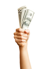 Hands holding a $ 100 bill . Hands holding a lot of money. Hand holding Banknotes. Isolated on white background. Alpha.