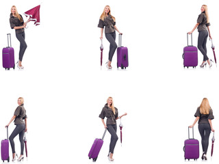 Young beautiful woman with suitcase and umbrella isolated on whi