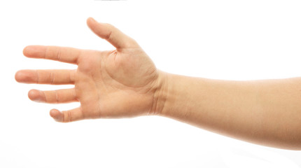 Man stretching hand to handshake isolated on a white background. Man hand ready for handshaking. Alpha