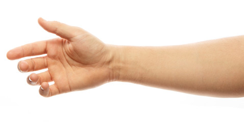 Man stretching hand to handshake isolated on a white background. Man hand ready for handshaking. Alpha