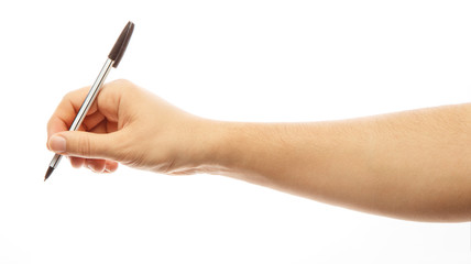 Male hand with pen isoleited on white background. Alpha.