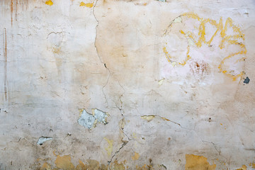 Yellow wall Old grunge textures backgrounds. Empty Old Brick Wall Texture. Painted Distressed Wall Surface. Grungy Wide Brickwall. Shabby Building Facade With Damaged Plaster