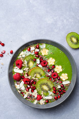Healthy Breakfast Detox Green Smoothie with Banana and Spinach in a Bowl, Top View