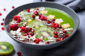 Healthy Breakfast Detox Green Smoothie with Banana and Spinach in a Bowl, Top View