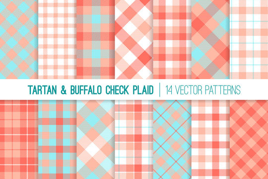 Coral, Pink and Aqua Blue Tartan and Gingham Check Plaid Vector Patterns. 2019 Color of the Year. Hipster Lumberjack Flannel Shirt Fabric Textures. Pattern Tile Swatches Included.