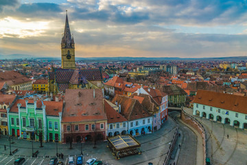 View to the Little Square and the Sibiu Lutheran Cathedral in the Transylvania region, Sibiu, Romania