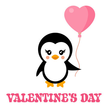 valentines day cartoon penguin with lovely balloon and text