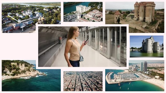 Girl standing with phone in subway, waiting for train on background with montage of various world locations. Travel concept. Looping footage