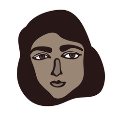 Minimalistic linear isolated female portrait. Brown face with dark eyes. Iranian, Turkish, Saudi Arabia facial features. Middle East or Mediterranean muslim girl. Primitive graphic style.