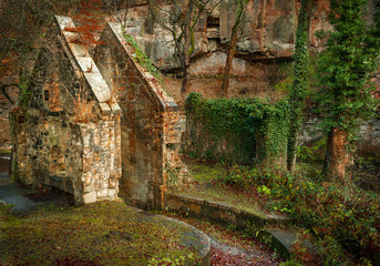 Remains of the Roslin Glen Gunpowder Mills, in East Lothian. Industrial gunpowder mill from the 19th century. Scotland, UK. Rosslyn. Ruins
