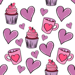  pattern with hearts and cupcakes vector