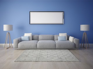 Mock up a spacious living room with an original large sofa and a stylish background.