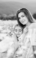 Mother and daughter in  field of daisies. Beautiful family in nature ( black and white )