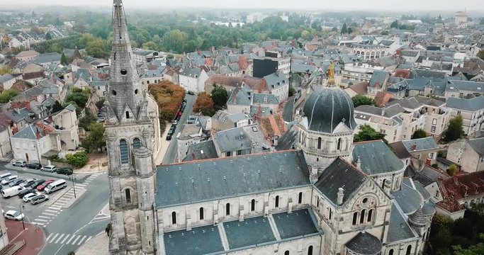 LIMOGES, FRANCE - OCTOBER 07, 2018: Aerial view of picturesque Chateauroux cityscape with Catholic Church of Our Lady, central France