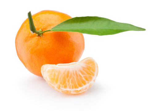 Tangerine with leaf and peeled slice isolated on white background