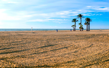 Roquetas beach in the Spanish province of Almeria on a cloudy day. It is a tourist and holiday...
