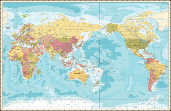World Map Vintage Color Pacific Centred