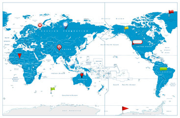 World Map Pacific Centred and glossy icons on map