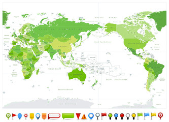 Colored World Map Pacific Centered Spot Green Colors and glossy map icons