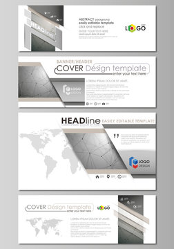 Social media and email headers set, modern banners. Abstract design templates, vector layouts in popular sizes. Chemistry pattern, molecule structure on gray background. Science and technology concept