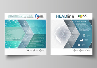 The minimalistic vector illustration of editable layout of two square format covers design templates for brochure, flyer, booklet. Chemistry pattern. Molecule structure. Medical, science background.
