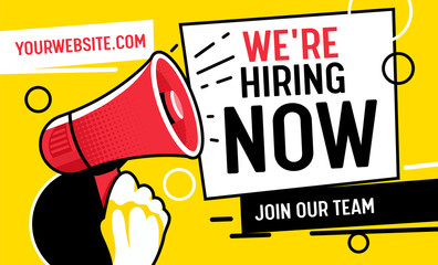 Now Hiring Vacancy Concept Poster Template. Outsource Team Hire Creative Employee. Career Promotion with Red Loudspeaker, Job Opportunity Ad Announcement Banner Pop Art Vector Illustration
