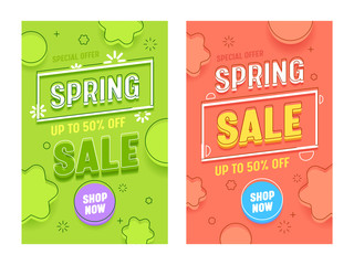 Spring Sale Red Green Vertical Banner Set. Promotion Discount Hot Price Typography Poster Collection. Retail Season Final Offer Poster with Shop Now Button Design Flat Vector Illustration