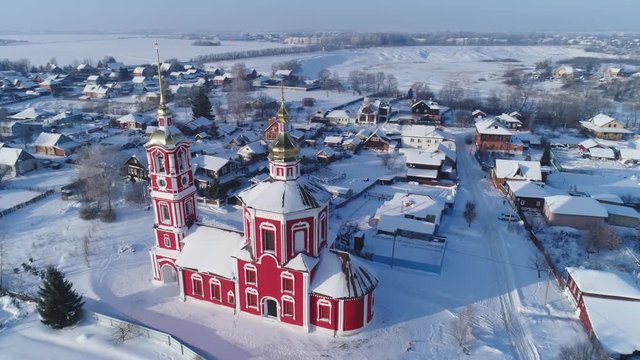 Panoramic view of the winter Suzdal with the Church of Boris and Gleb in the foreground