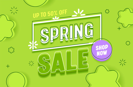 Spring Sale Green Abstract Background Banner Horizontal Layout. Promotion Discount Advertising Special Retail Price Poster. Hot Deal Offer Message with Shop Now Button Design Flat Vector Illustration